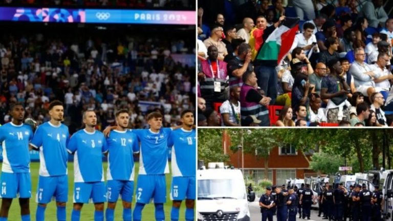 “Olimpiada e gjenocidit”, futbollistët izraelitë u përballen në Paris me mesazhe dhe flamuj palestinezë 