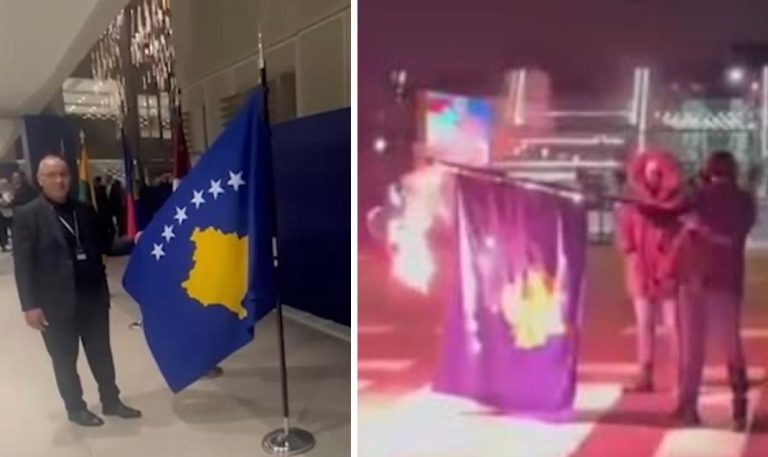 Huliganët e morën flamurin e Kosovës nga Kongresi i UEFA-s dhe e dogjën atë në Beograd